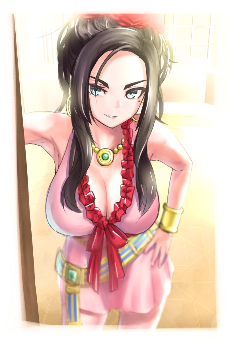 1girl armpits bangs bare_arms bare_shoulders belt black_hair blue_eyes border bracer breasts cleavage commentary contrapposto cowboy_shot deborah_(dq5) doorway dragon_quest earrings facing_viewer forehead grin hair_ornament hand_on_hip highres indoors jewelry large_breasts legs_apart long_bangs long_hair looking_at_viewer mole mole_under_eye necklace parted_lips pink_skirt skirt sleeveless smile solo standing v-shaped_eyebrows v2_(pixiv_84041087) white_border