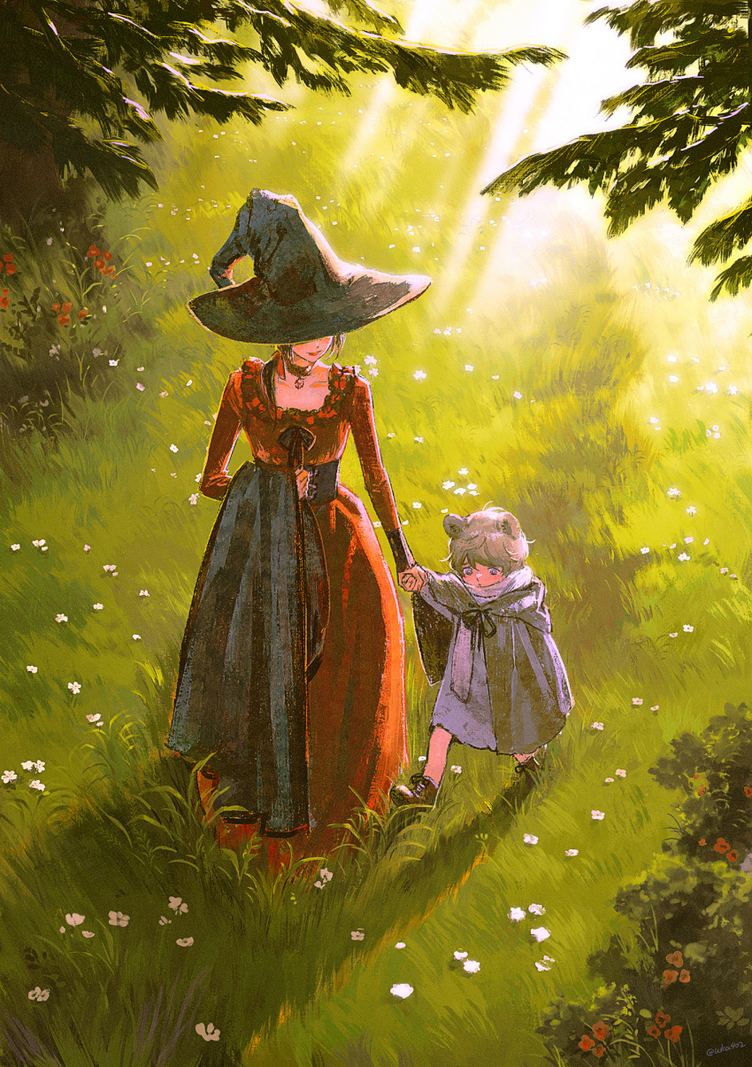 1boy 1girl age_difference aged_down animal_ears ankle_boots arm_up axis_powers_hetalia bear_ears black_footwear black_hair boots cape cape_removed check_copyright child china_(hetalia) choker cloak commentary_request copyright_request corset covered_eyes dress flower from_above genderswap genderswap_(mtf) grass grey_cloak grey_hair hat highres holding holding_cape holding_clothes holding_hands hood hood_down hooded_cloak jewelry long_hair low_ponytail male_child nature pendant ponytail red_dress red_flower robe russia_(hetalia) shadow short_hair smile sunlight uka402 white_flower witch witch_hat