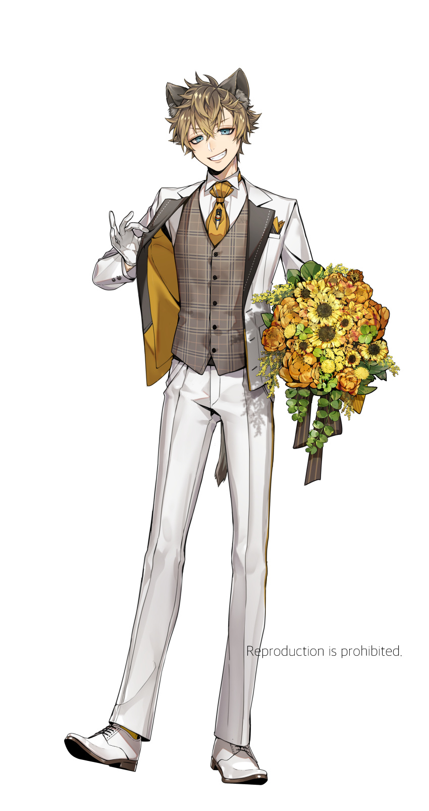 1boy absurdres animal_ear_fluff animal_ears bangs blazer blue_eyes bouquet breast_pocket brown_hair brown_vest buttons collared_shirt commentary_request crossed_bangs dress_shirt fang flower formal full_body gloves grin hair_between_eyes hand_up handkerchief highres holding holding_bouquet hyena_boy hyena_ears hyena_tail jacket lapels long_sleeves looking_at_viewer male_focus necktie official_style open_clothes open_jacket orange_necktie pants plaid plaid_vest pocket ruggie_bucchi shirt shoes short_hair simple_background smile solo standing suit sunflower tail teeth twisted_wonderland user_egdy2875 v-shaped_eyebrows vest watermark white_background white_footwear white_gloves white_jacket white_pants white_shirt yellow_flower