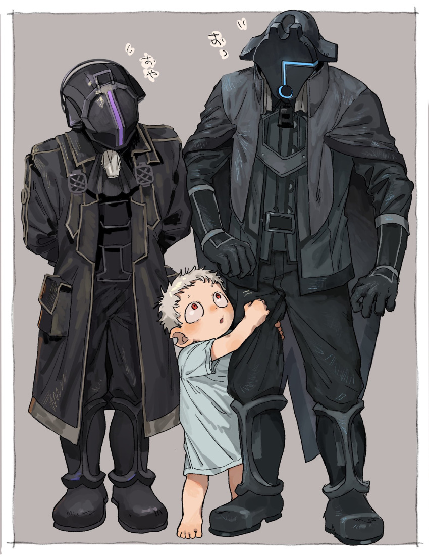 1girl 2boys :o arms_behind_back ascot bangs barefoot black_ascot black_cape black_coat black_footwear black_gloves black_jacket bondrewd boots border cape child clinging coat covered_face female_child full_body gloves grey_hair gueira_(made_in_abyss) helmet highres hospital_gown jacket leg_grab long_sleeves looking_at_another looking_away looking_to_the_side made_in_abyss maido_(gokujohoureisen) multiple_boys notched_ear outside_border prushka red_eyes short_hair short_sleeves standing whistle whistle_around_neck