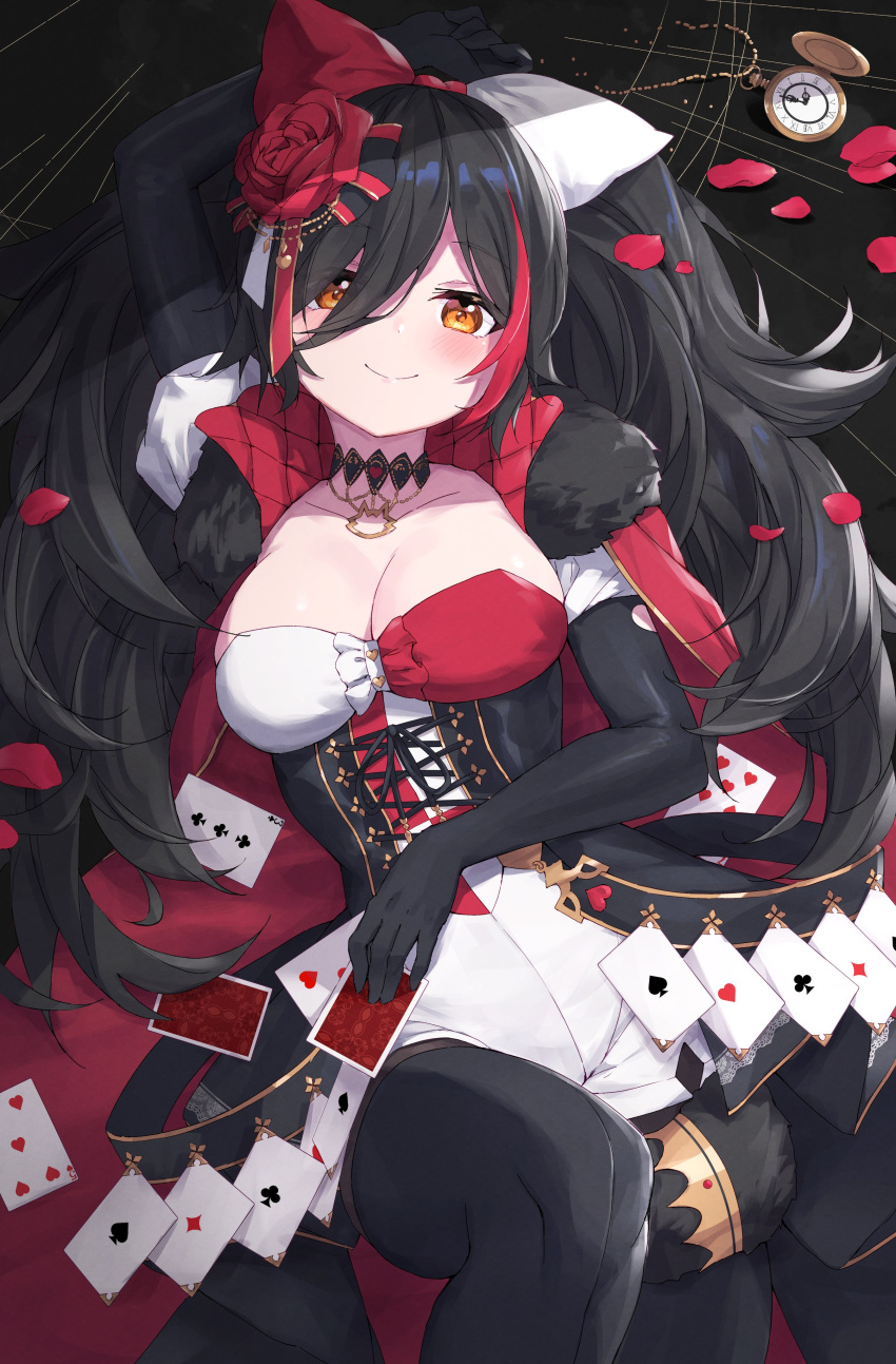 1girl absurdres animal_ears black_hair black_sleeves blush breasts card cleavage flower hair_between_eyes hair_flower hair_ornament hair_ribbon highres holding holding_card hololive large_breasts long_hair looking_at_viewer masaki_(msk064) multicolored_hair ookami_mio orange_eyes pantyhose red_hair ribbon short_shorts shorts smile solo streaked_hair tail tail_around_leg tail_wrap thighhighs very_long_hair virtual_youtuber wolf_ears wolf_girl wolf_tail