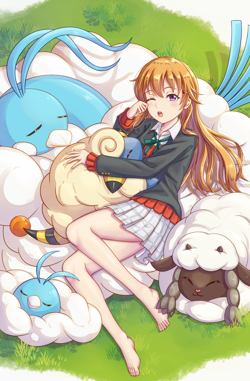 1girl altaria bangs barefoot birthday blush closed_eyes commentary hair_ornament highres konoe_kanata long_hair looking_at_viewer love_live! love_live!_nijigasaki_high_school_idol_club mareep nijigasaki_academy_school_uniform one_eye_closed orange_hair pokemon pokemon_(creature) purple_eyes school_uniform sleeping swablu tsukimi_seiya waking_up wooloo