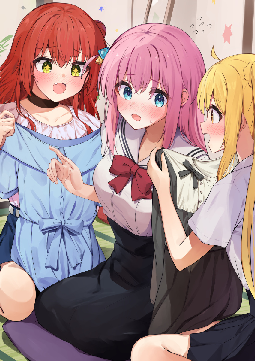 3girls absurdres ahoge bangs black_choker black_skirt blonde_hair blue_eyes blush bocchi_the_rock! bow bowtie brown_eyes choker commentary_request fang flying_sweatdrops gotou_hitori green_eyes highres holding holding_clothes ijichi_nijika indoors kita_ikuyo long_hair looking_at_another multiple_girls one_side_up open_mouth pink_hair racchi. red_bow red_bowtie red_hair school_uniform seiza serafuku shirt_tucked_in short_sleeves sitting skirt star-shaped_pupils star_(symbol) symbol-shaped_pupils white_serafuku