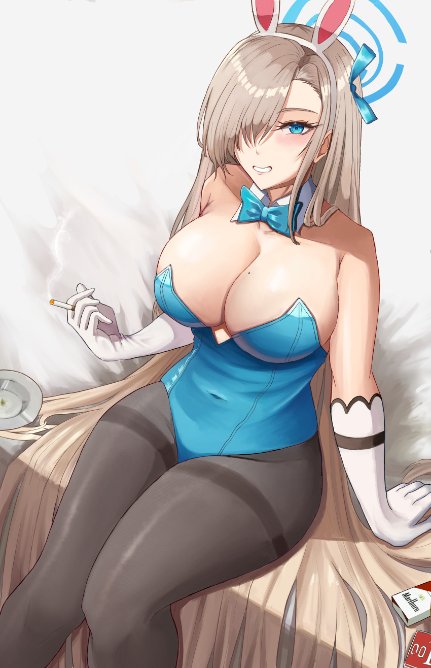 1girl absurdres animal_ears arm_support ashtray asuna_(blue_archive) bangs bare_shoulders blue_archive blue_bow blue_bowtie blue_eyes blue_leotard blue_ribbon bow bowtie breasts cigarette cleavage commentary covered_navel detached_collar fake_animal_ears feet_out_of_frame gloves grey_hair grey_pantyhose grin hair_over_one_eye hair_ribbon highres holding holding_cigarette large_breasts leotard long_hair looking_at_viewer pantyhose rabbit_ears ribbon smile solo strapless strapless_leotard thighband_pantyhose tino_(k4zjy66ib1uzmqw) very_long_hair white_gloves