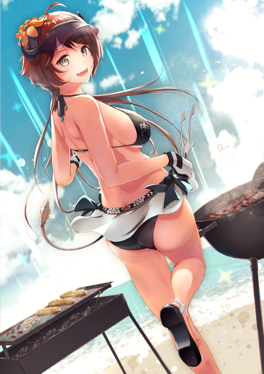 1girl ahoge arknights ass bangs barbecue bare_legs beach bikini black_bikini blue_sky bow breasts brown_hair calamari clam cloud commentary_request corn croissant_(arknights) day dermar fang flower food from_behind gloves grey_eyes grill grilling hair_flower hair_ornament halterneck highres horns large_breasts light_rays looking_back medium_breasts miniskirt ocean open_mouth outdoors penguin_logistics_(arknights) platform_footwear revision sausage sidelocks skirt sky smile smoke solo sparkle standing standing_on_one_leg swimsuit tongs visor_cap water
