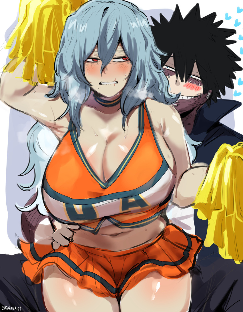 1boy 1girl absurdres arm_up armpits bangs black_hair blue_hair blush boku_no_hero_academia breasts burn_scar cheerleader choker crop_top dabi_(boku_no_hero_academia) embarrassed genderswap genderswap_(mtf) hair_between_eyes hand_on_another's_hip highres huffing kurenaiz1 large_breasts long_hair looking_at_another looking_to_the_side midriff miniskirt pom_pom_(cheerleading) red_eyes revealing_clothes scar scar_across_eye scar_on_face scar_on_mouth shigaraki_tomura short_hair sideboob simple_background skirt striped_choker thick_thighs thighs