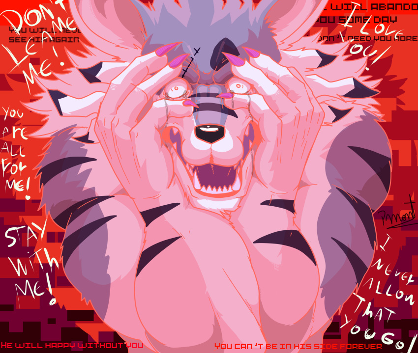 anthro bandai_namco barazoku blue_body blue_fur bodily_fluids canid canine canis clawed_fingers claws dialogue digimon digimon_(species) fangs fur hi_res holding_head insane long_ears male male/male mammal muscular muscular_anthro muscular_male nude open_mouth pink_claws pinumontbalou scar scared solo striped_body stripes suffering tears teeth were werecanid werecanine weregarurumon werewolf white_body white_fur wolf yandere