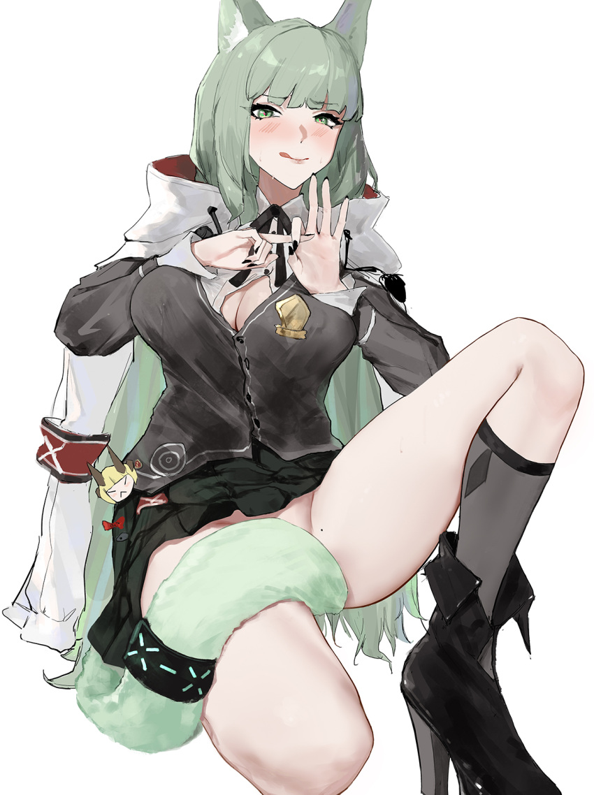 1girl :q animal_ears arknights bangs black_footwear black_nails black_skirt blush boots breasts cape cardigan cat_ears cat_tail cleavage commentary_request green_eyes green_hair grey_cardigan grey_socks groin harmonie_(arknights) high_heel_boots high_heels highres infection_monitor_(arknights) knee_up large_breasts long_hair long_sleeves looking_at_viewer nail_polish no_panties sawaki_ken simple_background skirt socks solo tail tail_censor thighs tongue tongue_out very_long_hair white_background white_cape