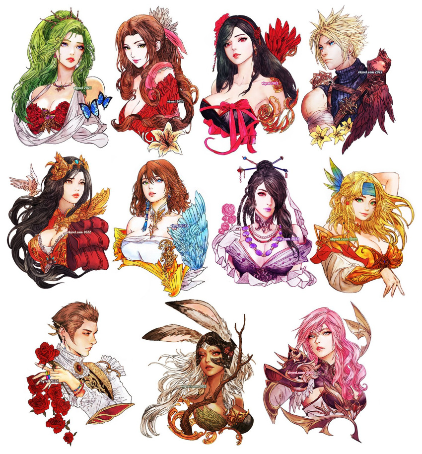 2boys 6+girls aerith_gainsborough animal_ears artist_name balflear bandana bangs black_dress black_hair blonde_hair blue_bandana blue_eyes branch breasts brown_hair cleavage cloud_strife commentary dress english_commentary final_fantasy final_fantasy_ix final_fantasy_vi final_fantasy_vii final_fantasy_x final_fantasy_xii final_fantasy_xiii fran_(ff12) garnet_til_alexandros_xvii green_eyes green_hair grey_eyes hair_ornament hair_over_one_eye hair_stick heterochromia high_ponytail highres large_breasts lightning_farron long_hair lulu_(ff10) multiple_boys multiple_girls parted_bangs parted_lips pink_hair rabbit_ears red_dress red_eyes red_ribbon ribbon rikku_(ff10) simple_background smile tifa_lockhart tina_branford traditional_media vhyrel white_background white_hair yuna_(ff10)