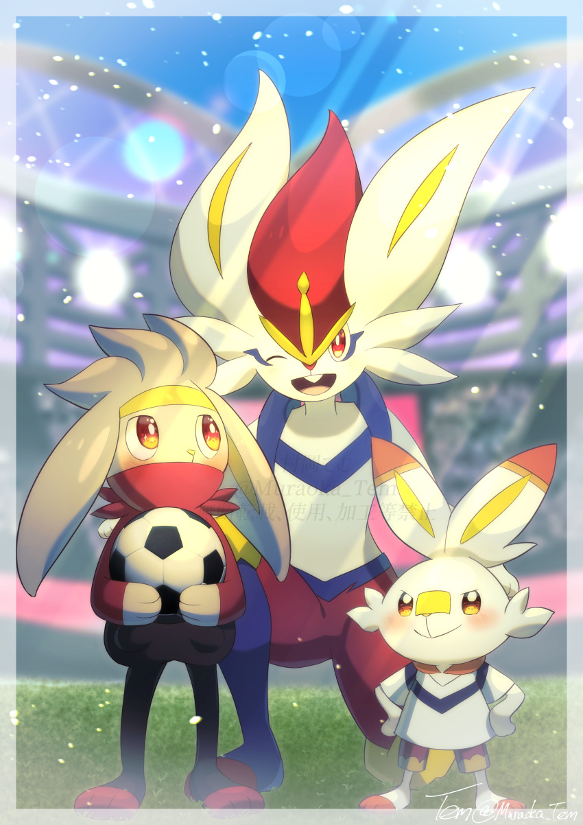 ;d absurdres ball blush border bright_pupils cinderace closed_mouth commentary_request day evolutionary_line grass highres holding lens_flare muraoka_tem one_eye_closed one_knee open_mouth outdoors pokemon raboot red_eyes scorbunny smile soccer_ball stadium tongue