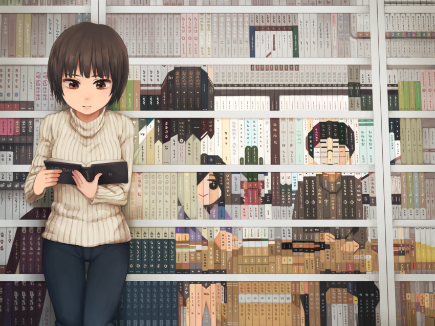 1boy 3girls book bookshelf brown_eyes brown_hair commentary glasses mosaic multiple_girls original reading ribbed_sweater short_hair sweater yajirushi_(chanoma)