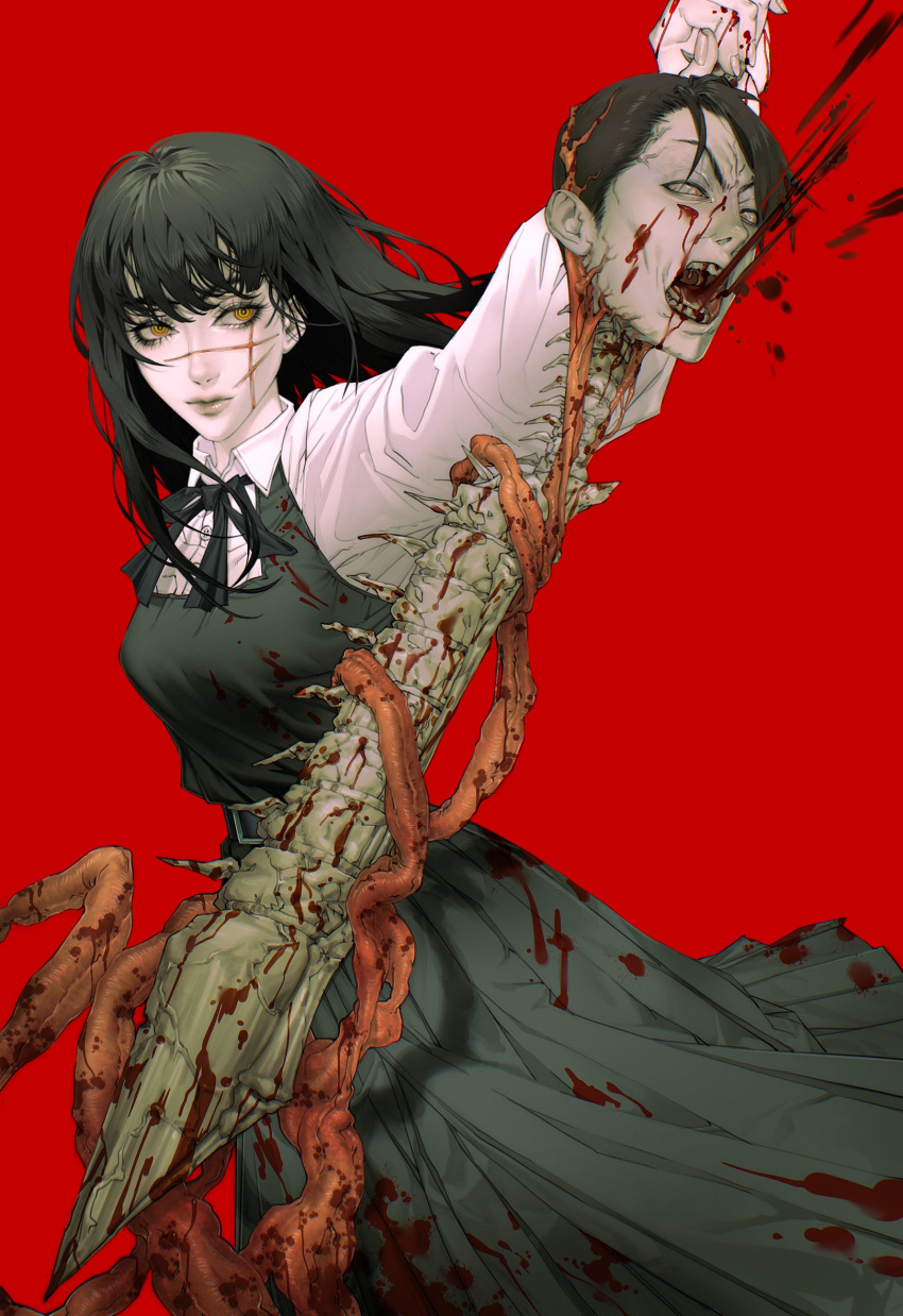 1boy 1girl bangs black_hair black_ribbon blood blood_from_mouth blood_splatter chainsaw_man collared_shirt cross_scar decapitation dress fourth_east_high_school_uniform guro highres holding holding_sword holding_weapon kakuutis long_hair looking_at_another open_mouth pinafore_dress red_background red_theme ribbon ringed_eyes scar scar_on_face school_uniform severed_head shirt short_hair simple_background spine sword tanaka_(chainsaw_man) weapon yellow_eyes yoru_(chainsaw_man)