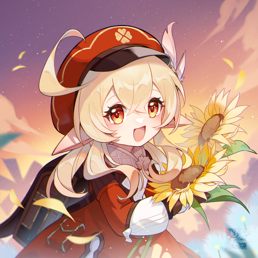 1girl :d autumnlll backpack bag bangs blonde_hair blush dress female_child flower genshin_impact hair_between_eyes hat_feather highres holding holding_flower klee_(genshin_impact) long_sleeves pointy_ears red_dress red_eyes red_headwear sidelocks sky smile solo sunflower