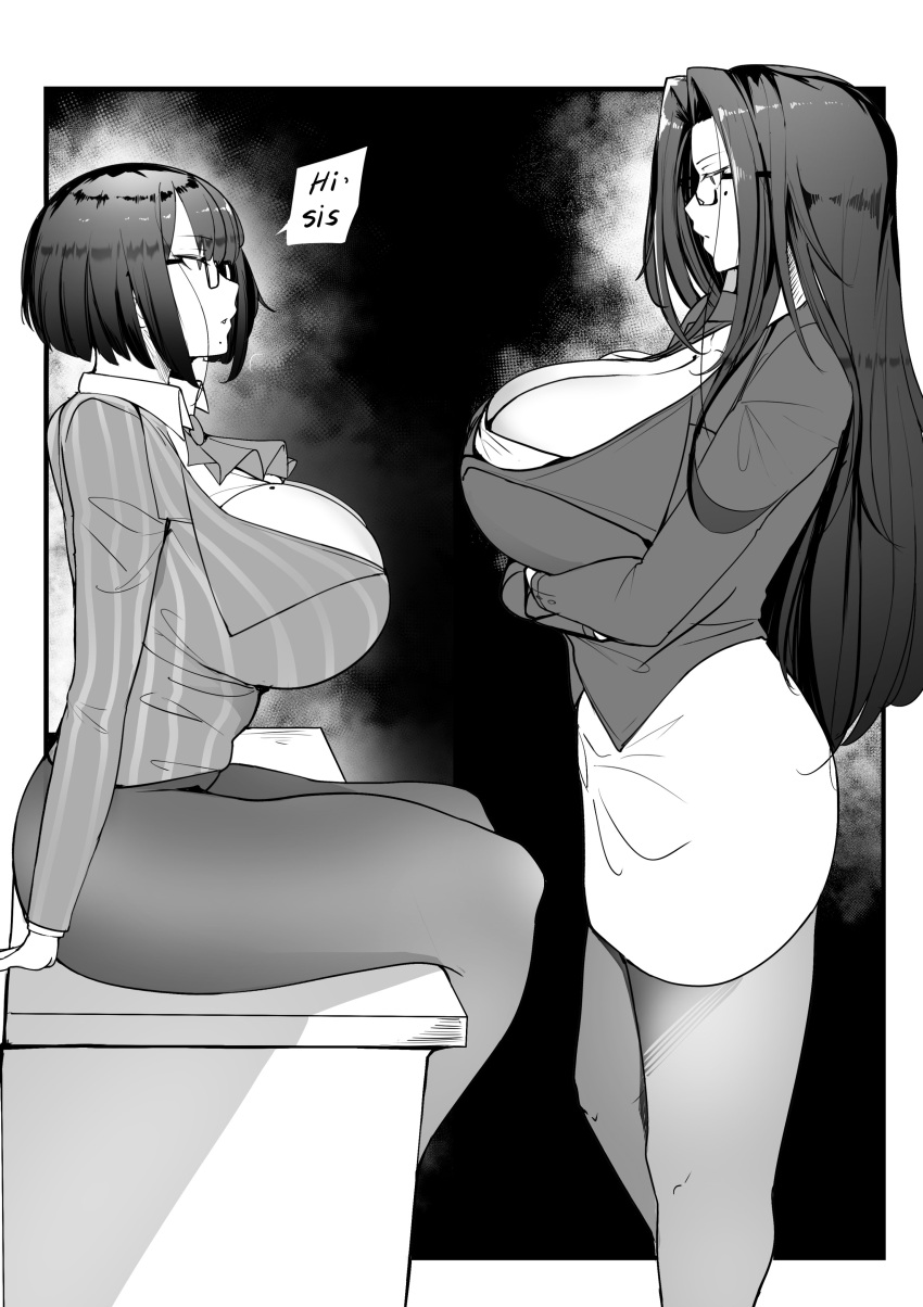 absurd_res big_breasts black_hair bottomwear breasts cleavage clothed clothing comic crossed_arms desk dialogue duo eyewear female furniture glasses hair hi_res human human_only legwear long_hair looking_at_another mammal monochrome not_furry pantyhose puzenketsu shirt sibling sister sisters sitting skirt speech_bubble standing table teacher topwear