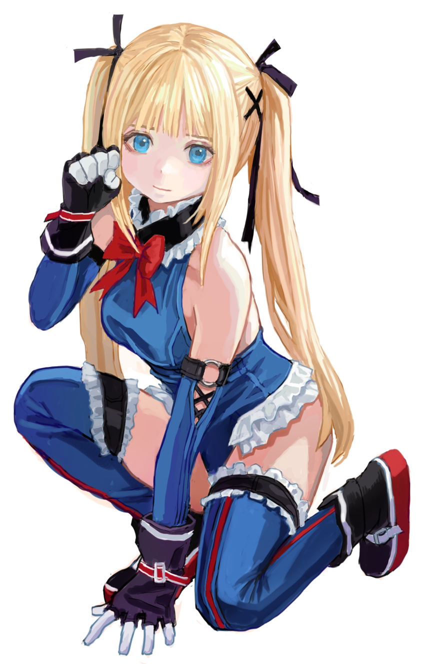 1girl arm_support bangs bare_shoulders black_gloves black_ribbon blonde_hair blue_dress blue_eyes blue_thighhighs blunt_bangs bow bowtie breasts closed_mouth dead_or_alive detached_sleeves dress frills gloves hair_ornament hair_ribbon hand_up highres light_smile long_hair looking_at_viewer marie_rose medium_breasts o-ring one_knee red_bow red_bowtie ribbon shiren_(ourboy83) simple_background solo thighhighs twintails very_long_hair white_background x_hair_ornament