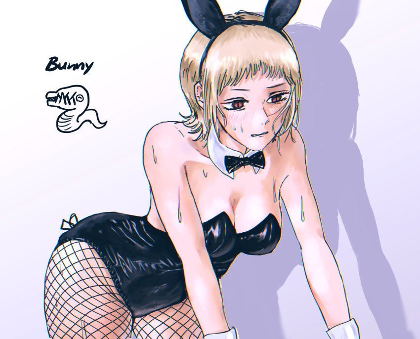 1girl akane_sawatari_(chainsaw_man) animal_ears black_bow black_bowtie black_leotard blonde_hair blush bow bowtie breasts chainsaw_man cleavage detached_collar fake_animal_ears fishnets grey_background highres leaning_forward leotard looking_to_the_side playboy_bunny rabbit_ears red_eyes sawataridaisuki shadow short_hair simple_background slit_pupils snake_devil_(chainsaw_man) solo strapless sweat wrist_cuffs