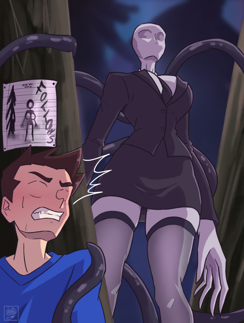 back_tentacles big_breasts black_tie_(suit) breasts clothing creepypasta crossgender deathzera duo eyeless faceless_character featureless_face female footwear forest hi_res human humanoid male male/female mammal mtf_crossgender note parody plant size_difference slenderman suit tentacles tree unknown_species