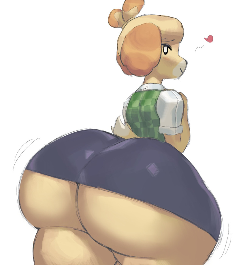 &lt;3 animal_crossing anthro big_butt bottom_heavy bottomwear butt canid canine canis clothing domestic_dog female hi_res huge_butt huge_hips huge_thighs isabelle_(animal_crossing) looking_at_viewer looking_back mammal monotone_bottomwear monotone_clothing monotone_skirt nintendo shih_tzu shirt skirt smile solo thick_thighs topwear toy_dog undergroundj undershirt vest video_games white_eyes wide_hips yellow_body