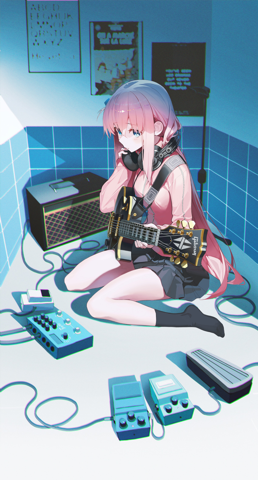 1girl absurdres bangs black_skirt black_socks blue_eyes bocchi_the_rock! breasts closed_mouth commentary dutch_angle electric_guitar gibson_les_paul gotou_hitori guitar hair_between_eyes hair_over_eyes headphones headphones_around_neck highres holding holding_headphones holding_instrument indoors instrument jacket light_blush long_hair long_sleeves looking_at_viewer no_shoes pink_hair pink_jacket pleated_skirt pro-p sitting skirt small_breasts socks solo standing track_jacket wariza