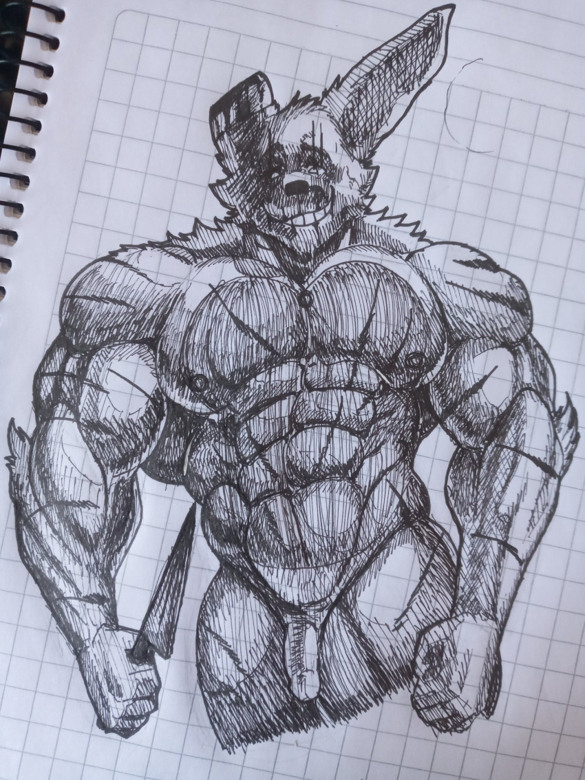 abs anthro bandage barazoku biceps big_muscles black_and_white blood bodily_fluids five_nights_at_freddy's five_nights_at_freddy's_3 genitals hi_res holding_object huge_muscles lagomorph leporid long_ears looking_at_viewer male male/male mammal monochrome muscular muscular_anthro muscular_male nipples pecs penis pinumontbalou rabbit scar scottgames smile smiling_at_viewer solo springtrap_(fnaf) traditional_media_(artwork) video_games