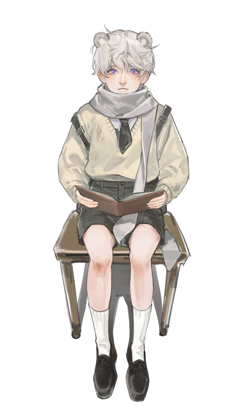 1boy aged_down animal_ears axis_powers_hetalia bangs bear_ears between_legs black_footwear black_necktie black_shorts book chair child closed_mouth extra_ears frown full_body grey_hair highres holding holding_book long_sleeves looking_at_viewer male_child male_focus necktie open_book purple_eyes russia_(hetalia) scarf shirt shoes short_hair shorts simple_background sitting socks solo suspender_shorts suspenders sweater uka402 white_background white_shirt white_socks