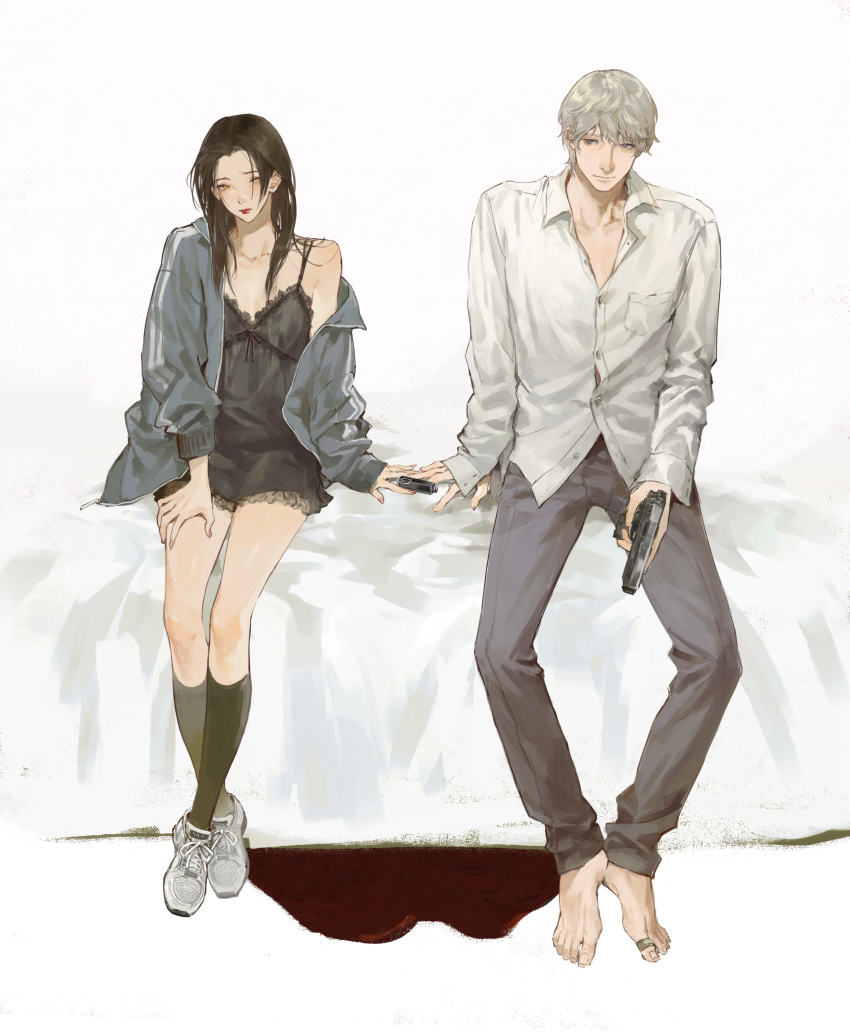 1boy 1girl absurdres axis_powers_hetalia bare_shoulders barefoot bed black_dress black_hair black_socks blood borrowed_garments china_(hetalia) collared_shirt crossed_ankles dress dress_shirt finger_touching flat_chest full_body genderswap genderswap_(mtf) grey_hair grey_pants gun hand_on_own_thigh handgun hetero highres holding holding_gun holding_weapon jacket jewelry kneehighs lingerie lipstick long_hair long_sleeves looking_at_another looking_at_viewer makeup messy_hair nail_polish negligee on_bed open_clothes open_jacket oversized_clothes pants pink_nails red_lips russia_(hetalia) shirt shoes short_dress short_hair sideways_glance sitting smile sneakers socks toe_ring track_jacket uka402 underwear untucked_shirt weapon white_background white_footwear white_shirt