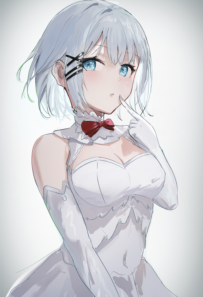 1girl :o bangs bare_shoulders blue_eyes bow bowtie breasts cleavage clothing_cutout commentary_request covered_navel dress elbow_gloves finger_to_cheek gloves hair_ornament hairclip hi_(fpnx7447) highres light_blush looking_at_viewer medium_breasts open_mouth red_bow red_bowtie short_hair siesta_(tantei_wa_mou_shindeiru) simple_background solo standing tantei_wa_mou_shindeiru upper_body wedding wedding_dress white_background white_dress white_gloves white_hair