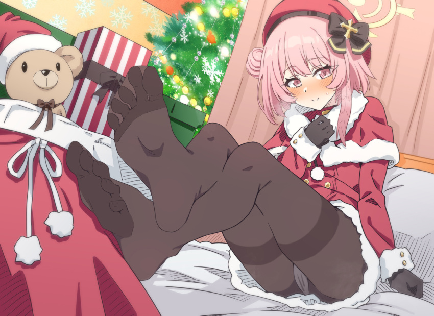 1girl black_pantyhose blue_archive bow christmas christmas_present christmas_tree cloak coat crossed_legs feather_hair feet foot_focus fur-trimmed_cloak fur-trimmed_coat fur_trim gift gloves hair_bow halo hat no_shoes one_side_up panties pantyhose pantyshot pink_eyes pink_hair red_gloves serina_(blue_archive) serina_(christmas)_(blue_archive) sitting soles stuffed_animal stuffed_toy teddy_bear toes underwear yghm
