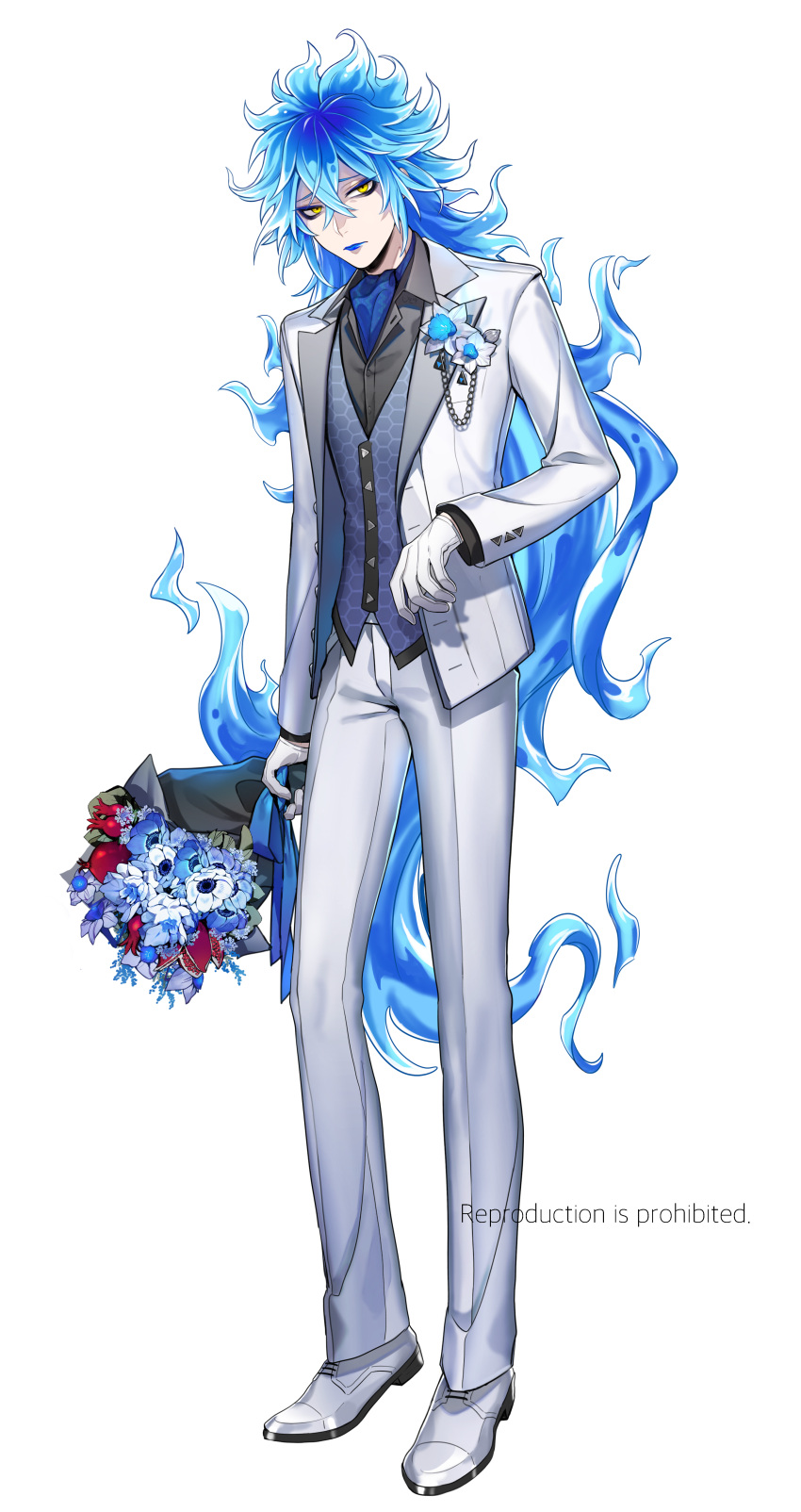 1boy absurdres bangs black_shirt blazer blue_flower blue_hair blue_lips blue_ribbon blue_vest bouquet boutonniere buttons closed_mouth collared_shirt crossed_bangs dress_shirt eyeshadow fiery_hair flower food formal fruit full_body gloves hair_between_eyes hexagon_print highres holding holding_bouquet idia_shroud jacket lapels lipstick long_hair long_sleeves looking_at_viewer makeup male_focus official_style open_clothes open_jacket pants pomegranate print_vest ribbon shirt shoes sidelocks simple_background solo standing suit twisted_wonderland user_egdy2875 very_long_hair vest watermark white_background white_flower white_footwear white_gloves white_jacket white_pants wing_collar yellow_eyes