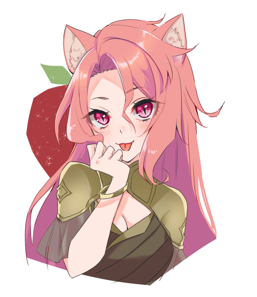 1girl :p animal_ears apple bracelet breasts brown_dress cleavage cleavage_cutout clothing_cutout cropped_torso curtained_hair dress food fox_ears fox_girl fruit fruit_background hair_between_eyes hajimari_no_kioku hand_to_own_mouth highres jewelry karamomo_(krmmap) long_hair looking_at_viewer phruity pink_eyes pink_hair short_sleeves simple_background slit_pupils solo tongue tongue_out upper_body white_background