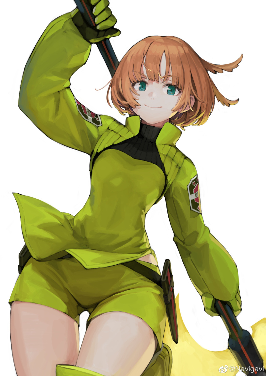 1girl absurdres bangs bob_cut breasts brown_hair closed_mouth commentary_request gloves green_eyes highres holding jacket jun_(seojh1029) konami_kirie long_sleeves looking_at_viewer medium_breasts short_hair short_shorts shorts simple_background smile solo weapon weibo_logo weibo_username world_trigger