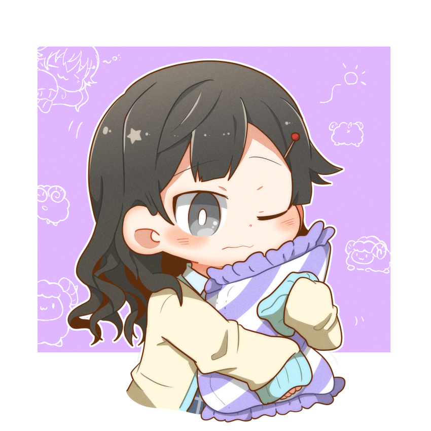 1girl bangs black_hair blush chibi cosplay g_teall green_eyes hair_ornament highres jacket konoe_kanata konoe_kanata_(cosplay) long_hair love_live! love_live!_nijigasaki_high_school_idol_club object_hug one_eye_closed pillow pillow_hug purple_background sheep sleeves_past_fingers sleeves_past_wrists solo star_(symbol) upper_body wavy_hair yellow_jacket yuuki_setsuna_(love_live!)