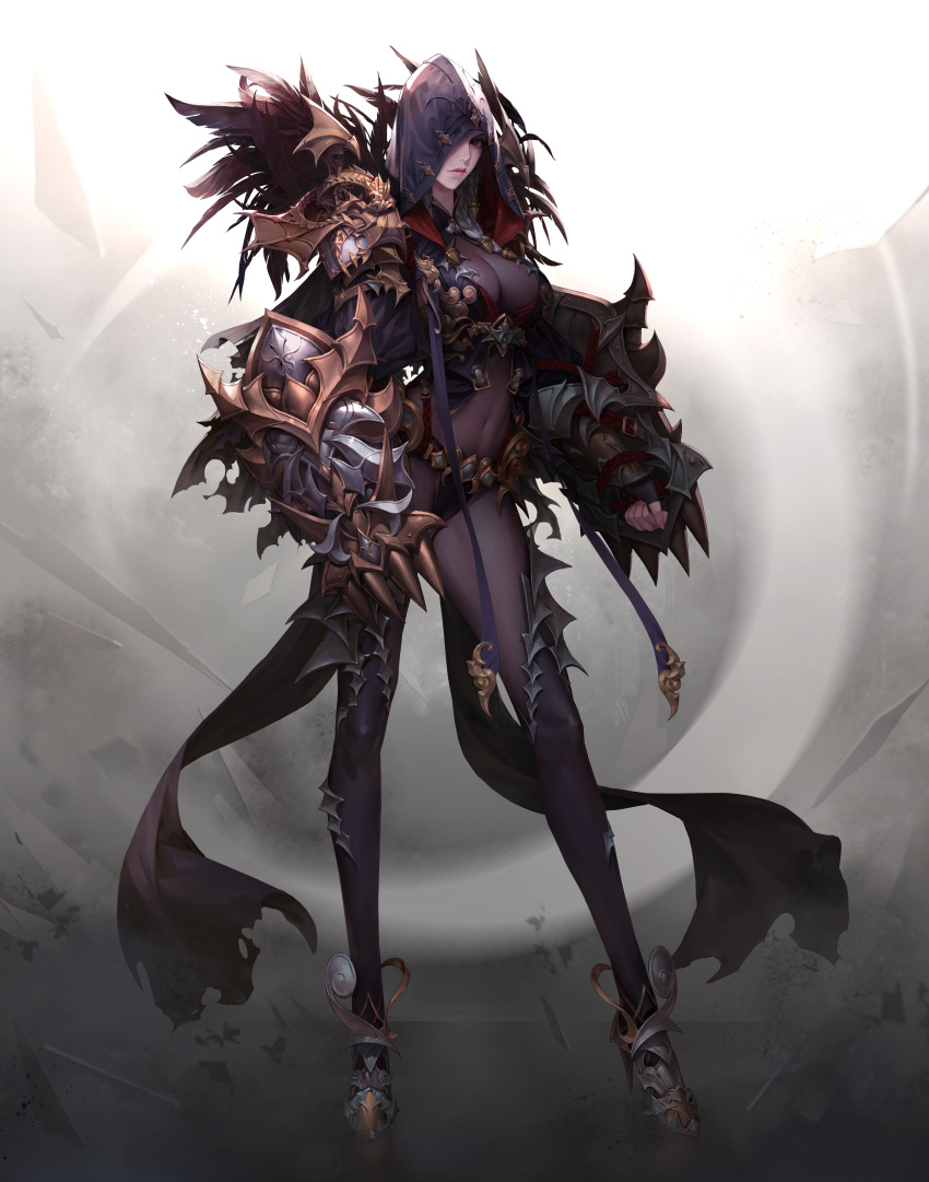 1girl absurdres armor armored_boots black_bodysuit black_cape black_feathers black_gloves black_hoodie black_shirt bodysuit boots breasts cape claw_(weapon) claws cleavage closed_mouth commentary covered_navel dated_commentary dual_wielding english_commentary feathers fingerless_gloves full_body gloves gold_trim grey_hair hair_ornament high_heels highres holding holding_weapon hood hood_up hoodie jung_wonjo large_breasts long_sleeves medium_hair one_eye_covered original pelvic_curtain puffy_long_sleeves puffy_sleeves red_eyes red_rope rope shirt shoulder_armor solo standing torn_cape torn_clothes vambraces weapon