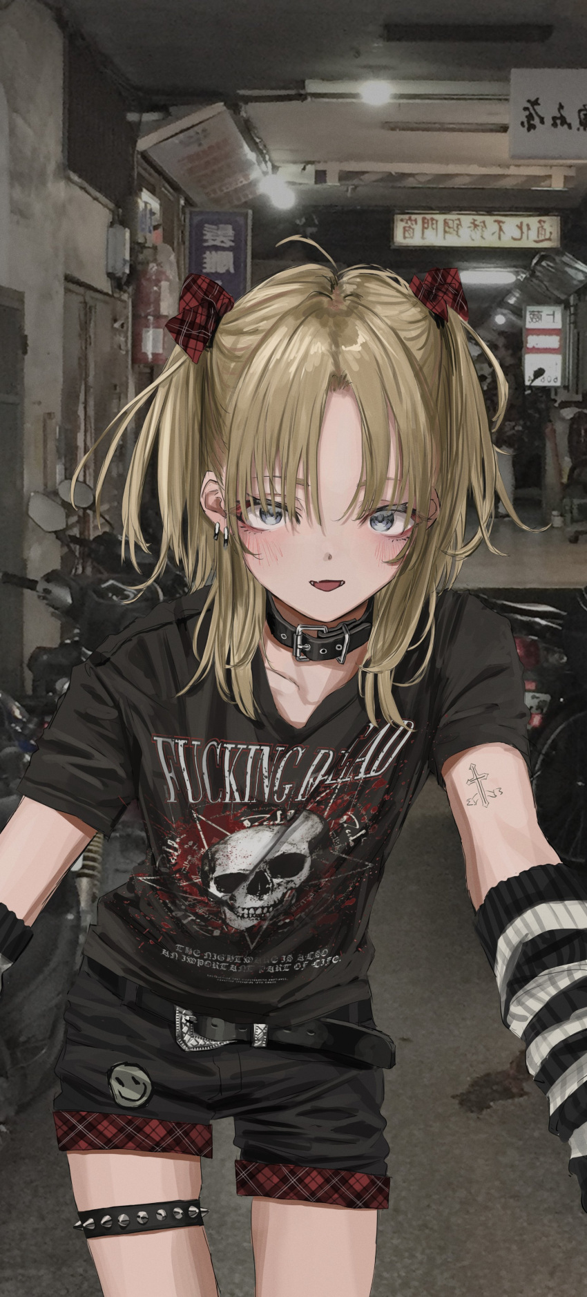 1girl absurdres ahoge arm_warmers bangs belt black_shirt black_shorts blonde_hair choker cropped_arms cropped_legs cross_tattoo ear_piercing earrings hair_ribbon highres jewelry looking_at_viewer nadegata original outstretched_arms photo_background piercing ribbon shirt shorts skull_print smiley_face twintails