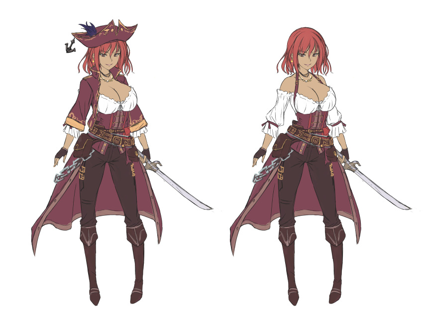 1girl black_pants boots breasts brown_eyes cecily_(dungeon_tou_de_yadoya_wo_yarou) chain cleavage dungeon_tou_de_yadoya_wo_yarou hat highres holding holding_sword holding_weapon huge_breasts jacket long_hair looking_at_viewer medium_hair multiple_views open_clothes open_jacket pants pirate_hat red_hair red_jacket shirt simple_background sword tenmaso weapon white_background white_shirt
