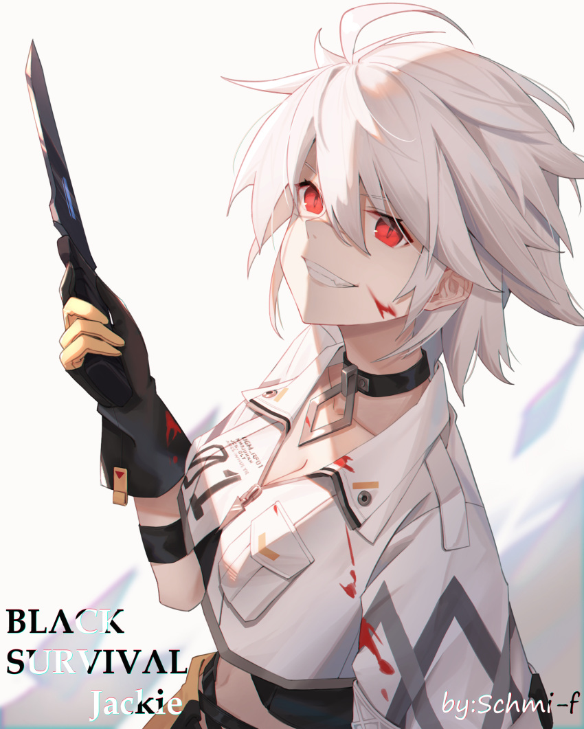 1girl ahoge artist_name black_collar black_survival blood blood_on_clothes blood_on_face blood_on_gloves breasts character_name cleavage clothes_writing collar collarbone copyright_name crop_top cross_scar eternal_return:_black_survival fang gloves grin hand_up highres holding holding_knife holding_weapon jackie_quilt knife medium_hair meo_(1271884559) midriff multicolored_background official_alternate_costume red_eyes scar scar_on_face smile solo teeth two-tone_gloves upper_body weapon white_hair