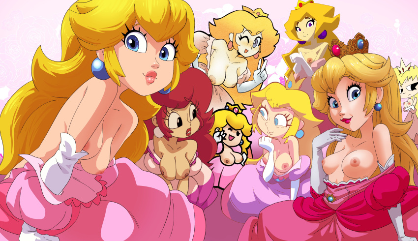 6+girls absurdres bare_shoulders bigarmybug_(style) blonde_hair blue_eyes blush breasts brooch brown_hair collarbone crown dress earrings egoraptor_(style) elbow_gloves frills gloves highres inker_comics jewelry large_breasts lips lipstick long_hair looking_at_viewer makeup mario_(series) medium_breasts mini_crown multiple_girls multiple_persona nipples no_bra off_shoulder open_mouth paper_mario parody pink_dress pink_lips princess_peach puffy_short_sleeves puffy_sleeves red_lips sakura_tamakichi_(style) short_sleeves smile style_parody super_mario_64 the_super_mario_bros._movie the_super_mario_bros._super_show! underwear undressing v white_gloves