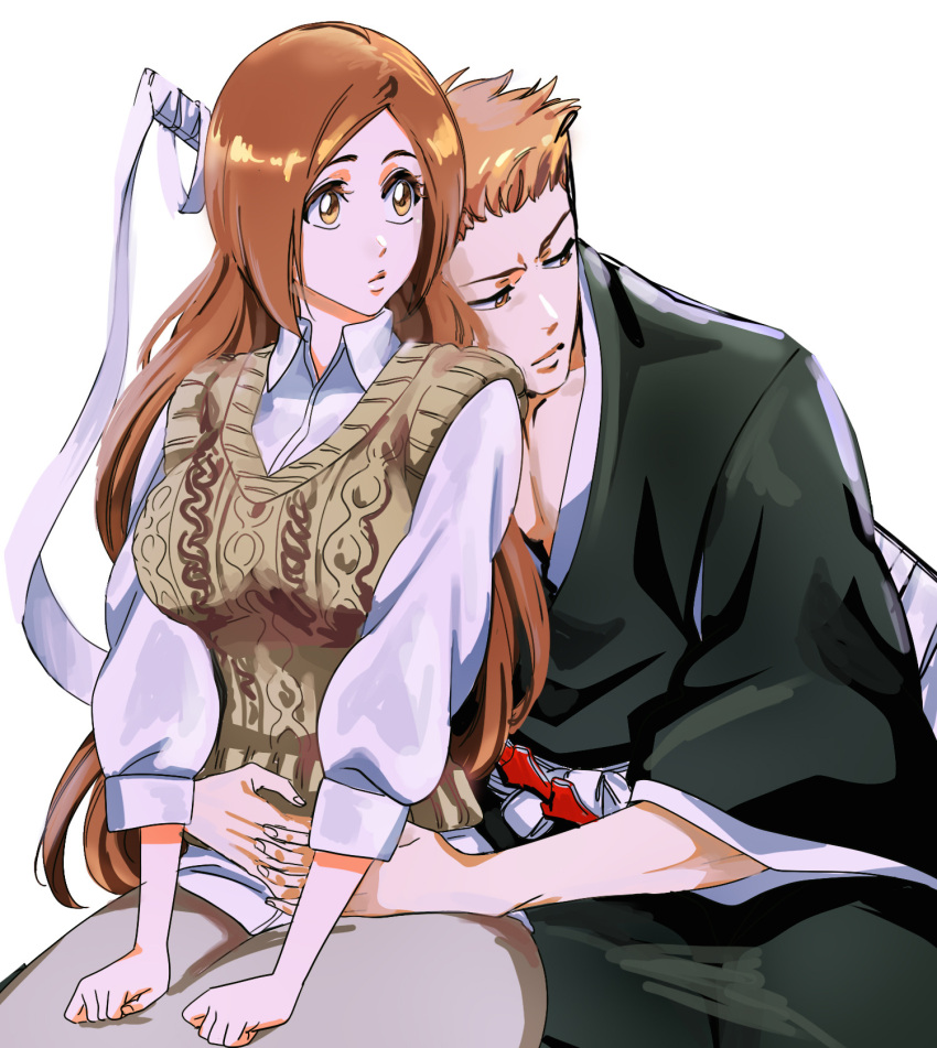 1boy 1girl bleach bleach:_epilogue breasts brown_eyes brown_hair brown_skirt brown_vest collarbone collared_shirt couple cowboy_shot english_commentary hetero highres inoue_orihime japanese_clothes kurosaki_ichigo large_breasts lips long_sleeves orange_hair rozuberry shirt short_hair sitting skirt sword vest weapon white_shirt wide_sleeves