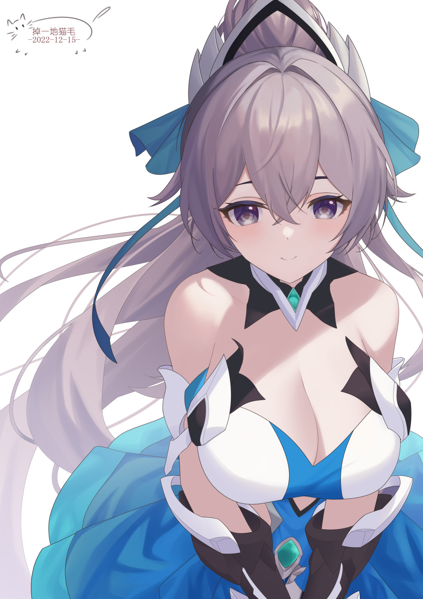 1girl absurdres bare_shoulders blue_dress breasts bronya_zaychik bronya_zaychik_(herrscher_of_truth) bronya_zaychik_(herrscher_of_truth)_(cosplay) bronya_zaychik_(silverwing:_n-ex) cleavage closed_mouth cosplay detached_collar diaoyidimaomao dress grey_eyes grey_hair hair_ornament highres honkai_(series) honkai_impact_3rd large_breasts leaning_forward long_hair looking_at_viewer ponytail smile solo strapless strapless_dress upper_body very_long_hair