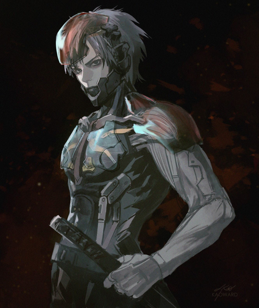 1boy armor black_background black_eyes blood blood_splatter cyborg highres holding holding_sword holding_weapon katana male_focus metal_gear_(series) metal_gear_solid_4:_guns_of_the_patriots raiden_(metal_gear) science_fiction short_hair shoulder_armor solo sword teeth uglykao weapon white_hair