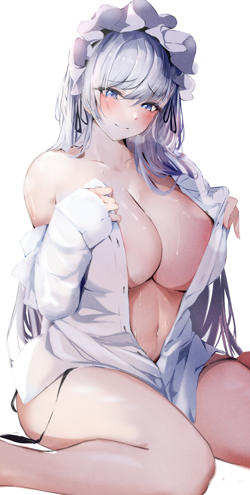 1girl absurdres areola_slip azur_lane bangs bare_legs belfast_(azur_lane) black_panties blue_eyes blush breasts cleavage closed_mouth collarbone dress_shirt highres large_breasts long_hair long_sleeves looking_at_viewer maid_headdress navel no_bra off_shoulder open_clothes open_shirt panties raru_(nanaharararu) shirt side-tie_panties simple_background sitting sleeves_past_wrists solo sweat unbuttoned unbuttoned_shirt underwear undressing untied untied_panties wariza white_background white_hair white_shirt