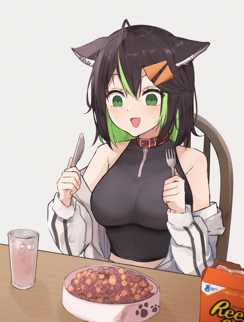1girl :d ahoge animal_ear_fluff animal_ears bangs bare_shoulders black_hair breasts chair crop_top cup fork green_hair hair_between_eyes hair_ornament highres holding holding_fork holding_knife jacket knife large_breasts medium_hair off_shoulder open_clothes open_jacket original pet_food shuuzo3 smile solo table