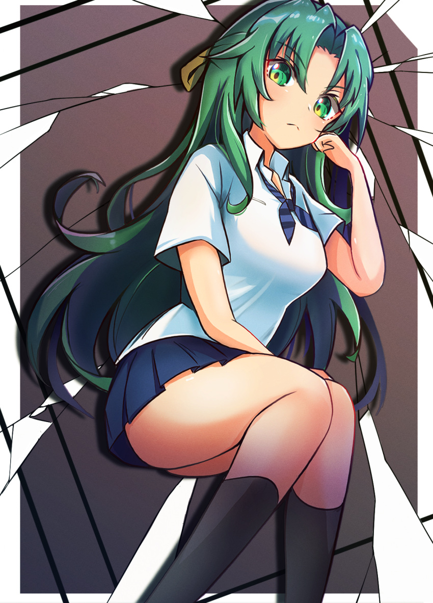 1girl bangs black_socks blue_bow blue_bowtie blue_skirt bow bowtie collared_shirt frown green_eyes green_hair hair_between_eyes hair_intakes hair_ribbon highres higurashi_no_naku_koro_ni long_hair looking_at_viewer miniskirt nadesukos pleated_skirt ribbon school_uniform shiny shiny_hair shirt short_sleeves sitting skirt socks solo sonozaki_shion st._lucia_academy_school_uniform striped striped_bow striped_bowtie very_long_hair white_shirt wing_collar yellow_ribbon