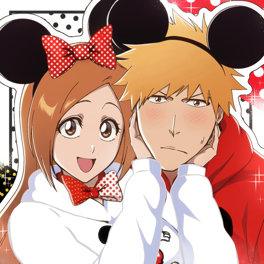1boy 1girl bleach bow brown_eyes couple disney english_commentary hetero highres holding_another's_head hood hoodie inoue_orihime kurosaki_ichigo long_sleeves looking_at_viewer mickey_mouse mickey_mouse_ears open_mouth orange_hair polka_dot polka_dot_bow red_bow red_hoodie rozuberry short_hair sidelocks spiked_hair upper_body white_hoodie