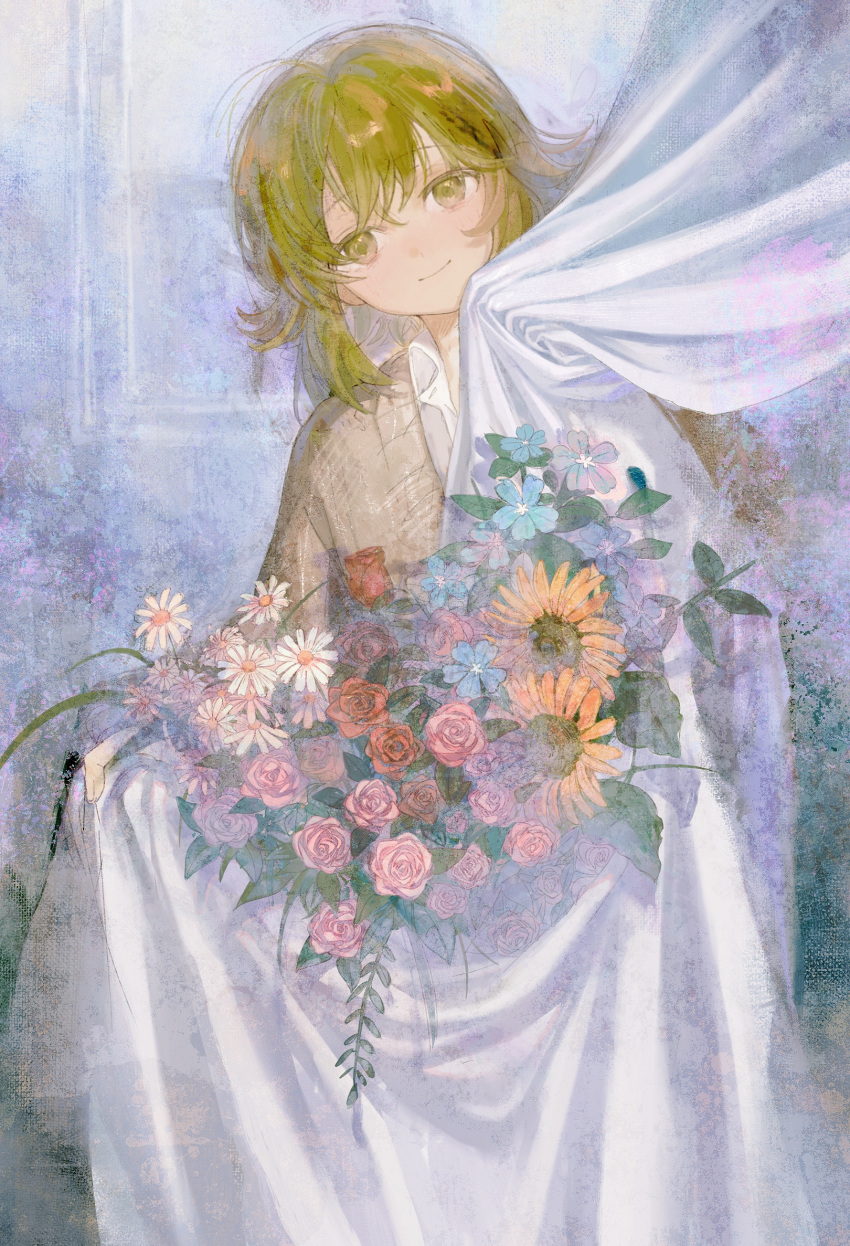 1girl bangs blue_flower bouquet brk93 brown_sweater chinese_commentary closed_mouth curtains flower green_eyes green_hair gumi head_tilt highres holding indoors looking_at_viewer medium_hair pink_flower pink_rose red_flower red_rose red_tulip rose smile solo sunflower sweater tulip vocaloid white_flower window