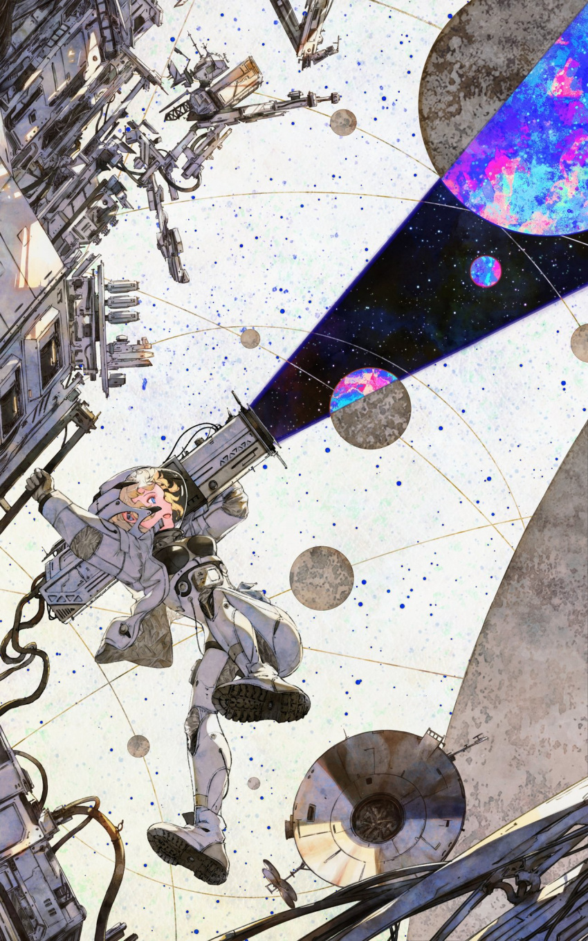 1girl alternate_color arms_up blonde_hair bodysuit breasts carrying_over_shoulder grabbing highres jacket lamp looking_away looking_to_the_side original planet revealing_layer science_fiction shinkami_hiroki shoe_soles smile solo space_helmet spacecraft spacesuit white_background white_bodysuit white_jacket zero_gravity