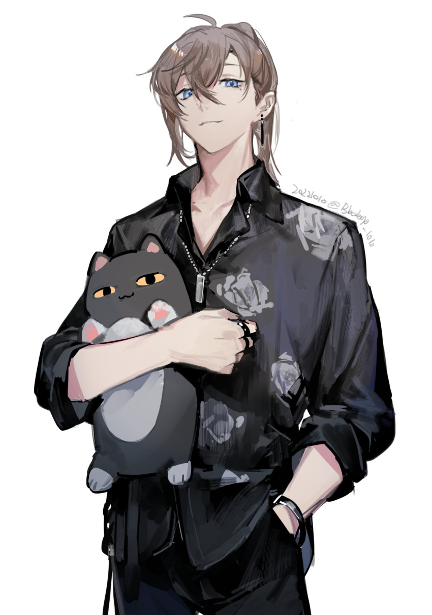 1boy ahoge bangs black_pants black_shirt blue_eyes bokyo bracelet brown_hair clenched_hand closed_mouth collared_shirt cowboy_shot dated earrings hand_in_pocket highres holding holding_stuffed_toy jewelry kanae_(nijisanji) looking_at_viewer male_focus mole mole_under_eye necklace nijisanji pants ponytail ring roto_(kanae) shirt simple_background sleeves_pushed_up solo stuffed_toy twitter_username virtual_youtuber white_background