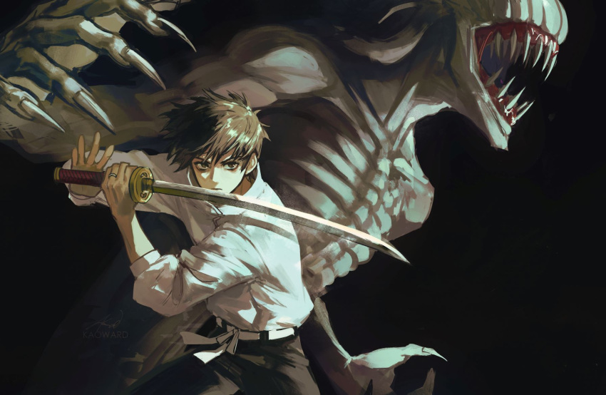 1boy artist_name bangs belt black_background black_eyes black_hair black_pants closed_mouth cowboy_shot fighting_stance fingernails highres holding holding_sword holding_weapon jacket jewelry jujutsu_kaisen katana long_sleeves looking_at_viewer male_focus monster okkotsu_yuuta orimoto_rika pants ring school_uniform sharp_fingernails short_hair standing sword teeth uglykao weapon white_belt white_jacket