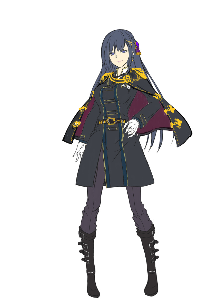 1girl black_eyes black_footwear black_hair black_pants boots breasts cape christia_(dungeon_tou_de_yadoya_wo_yarou) dungeon_tou_de_yadoya_wo_yarou epaulettes full_body gloves hair_ornament hand_on_hip highres large_breasts looking_at_viewer pants simple_background solo standing tenmaso uniform white_background white_gloves