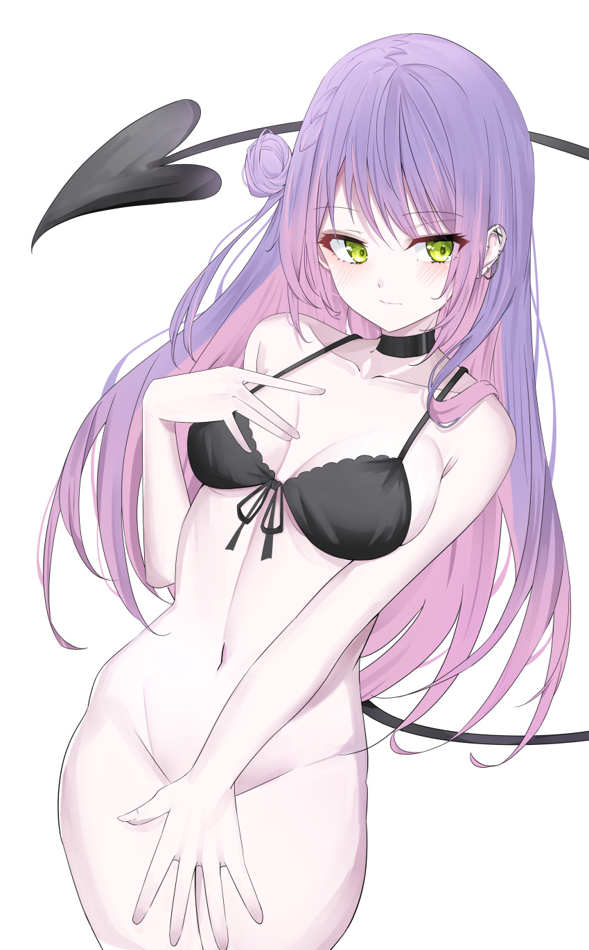 1girl absurdres black_bra bra breasts cleavage demon_tail dreamoon gradient_hair green_eyes hair_bun highres hololive long_hair looking_at_viewer medium_breasts multicolored_hair navel pink_hair purple_hair simple_background single_hair_bun solo stomach tail tokoyami_towa underwear underwear_only virtual_youtuber white_background